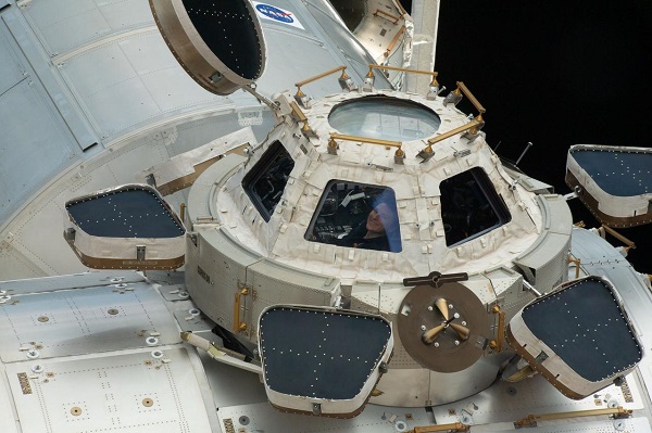 image of an astronaut peeking out the window of the cupola
