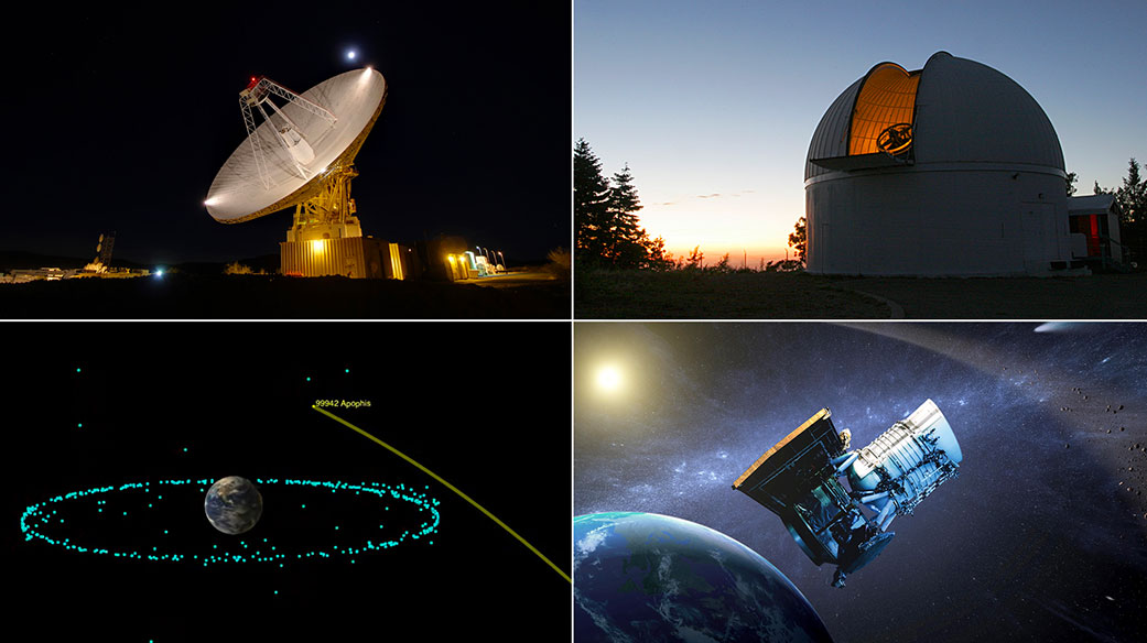 Montage of observatories and an illustration of path of Apophis