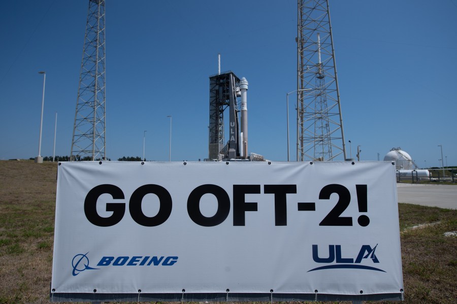 A United Launch Alliance Atlas V rocket with Boeing’s CST-100 Starliner spacecraft aboard is seen after being rolled out of the Vertical Integration Facility to the launch pad at Space Launch Complex 41 ahead of the Orbital Flight Test-2 (OFT-2) mission, Wednesday, May 18, 2022 at Cape Canaveral Space Force Station in Florida.
