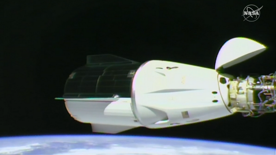 The Dragon Endurance spacecraft is shown after the hatch closed between it and the International Space Station in preparation for undocking and return to Earth of NASA’s SpaceX Crew-3 mission.