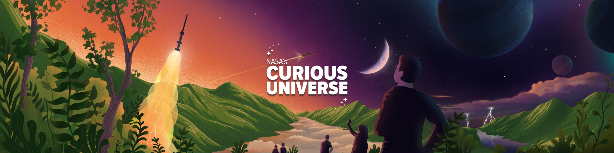 A graphic that has the words "NASA's Curious Universe" in the center in white letters. On the left, there are trees and hills against an orange sky. There is also a depiction of a sounding rocket taking off. In the center, NASA's X59 aircraft is depicted, which is a narrow plane with a long nose. People from behind are depicted looking at the sky in the bottom center. One person is holding a phone as if they are taking a photo of the sky. A waxing crescent Moon is shown to the right of the Curious Universe logo. Three exoplanets of various sizes are shown in the sky on the right. The sky goes from orange on the left to purple on the right. There are hills in the bottom right with lightning depicted in the distance.