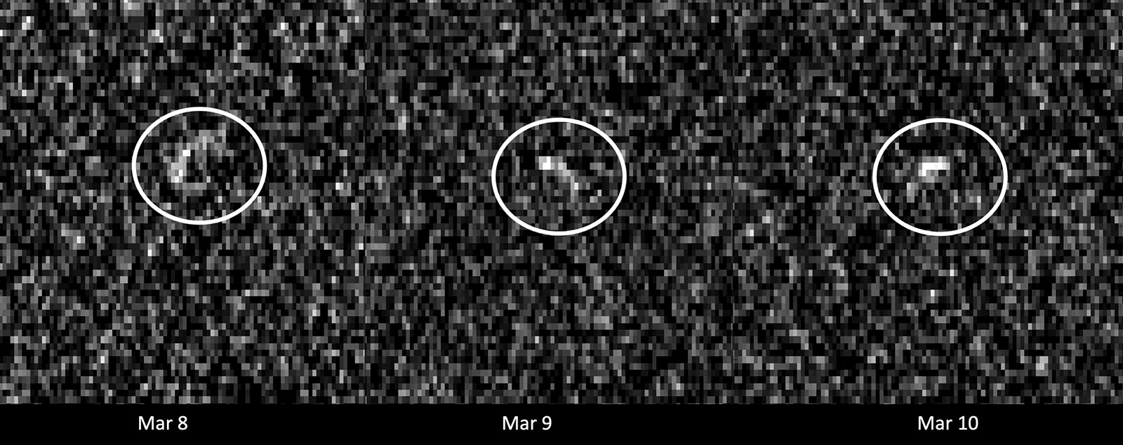 three grayscale, pixelated images of asteroid Apophis (circled) taken with radar