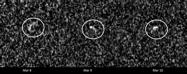three grayscale, pixelated images of asteroid Apophis (circled) taken with radar