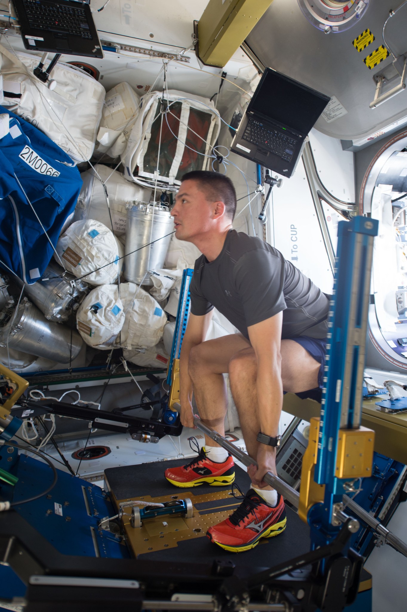Astronaut Kjell Lindgren exercises using the ARED.