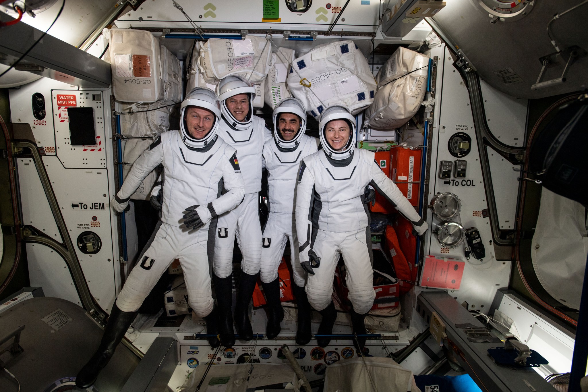The four commercial crew astronauts representing the SpaceX Crew-3 mission are pictured. From left, are ESA (European Space Agency) astronaut Matthias Maurer, and NASA astronauts Tom Marshburn, Raja Chari, and Kayla Barron.
