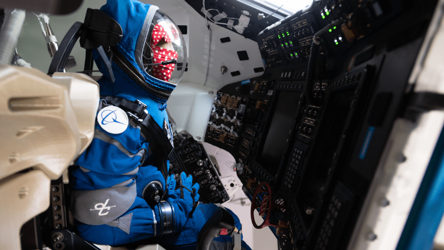 Rosie the Rocketeer, Boeing's anthropometric test device, is pictured in the commander's seat of the company's CST-100 Starliner crew ship for the Orbital Flight Test-2 mission at the International Space Station.