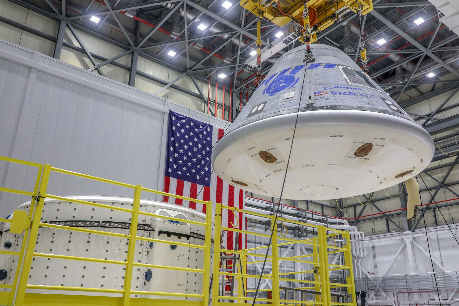 A new service module was mated to a Boeing CST-100 Starliner crew module to form a complete spacecraft on March 12, 2022, in Boeing’s Commercial Crew and Cargo Processing Facility at NASA’s Kennedy Space Center in Florida.