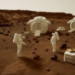 Two astronauts on the surface of Mars at a basecamp. Two habitats and some equipment is seen strewn about the camp.