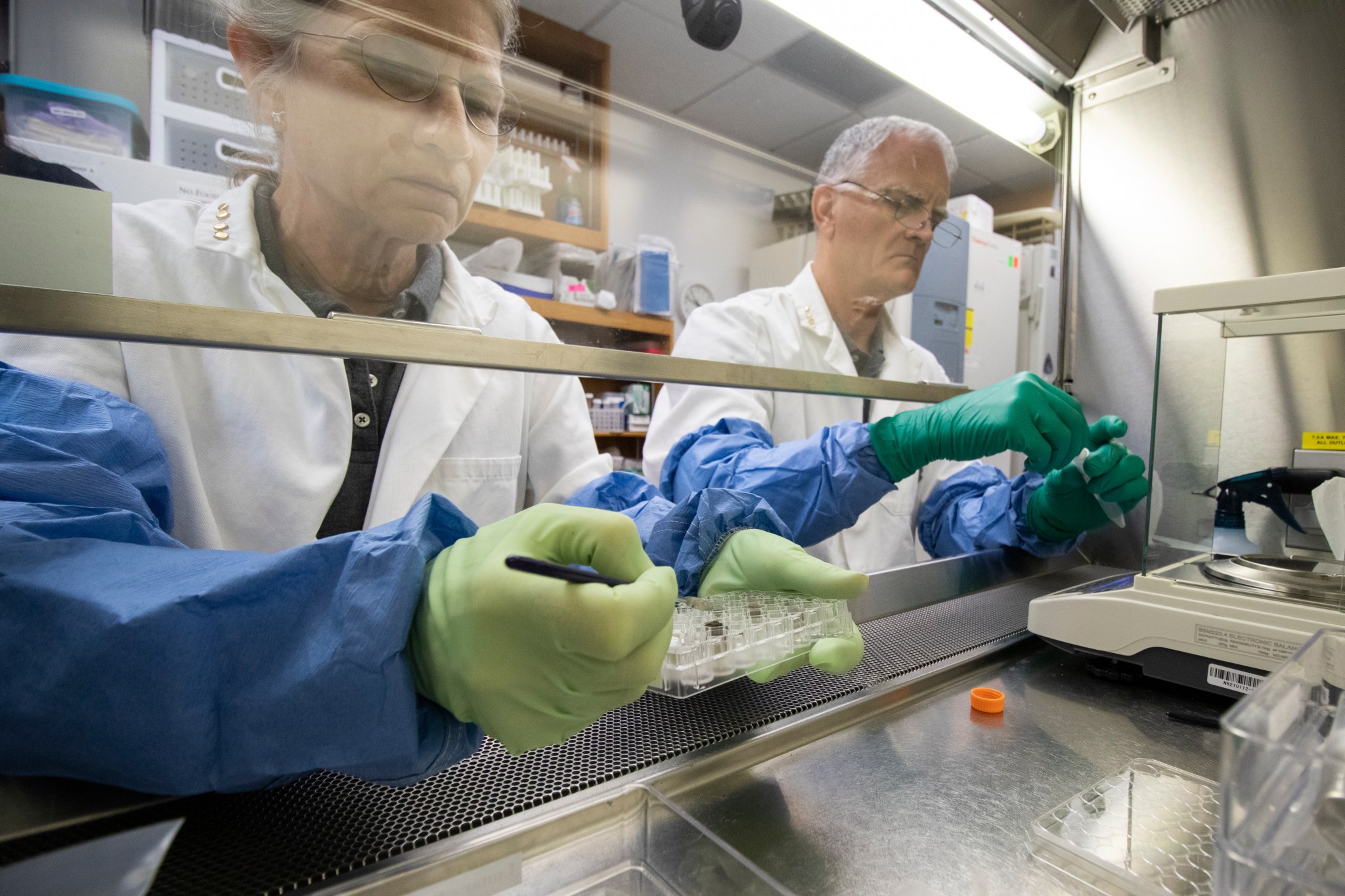 Two scientists, clad in lab coats, gloves, and protective sleeves on their arms work side-by-side at a bench under a protective hood or fume box. In the foreground, the scientist is handling a small clear box and tweezers. 