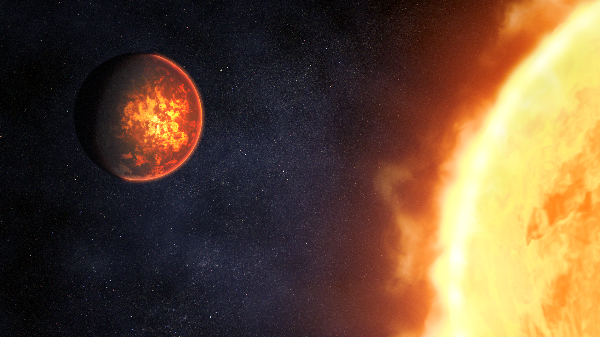 Illustration bright red flaming sunlike planet on the right only partially in the frame, and slightly glowing red planet on the left.
