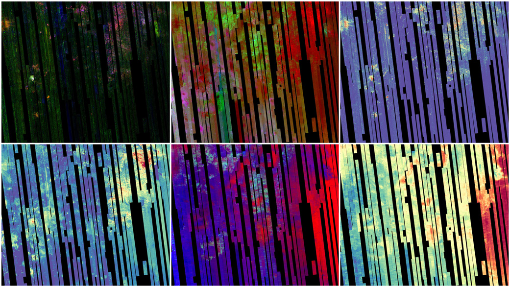 Seen are six views of the Nili Fossae region of Mars captured by the Compact Reconnaissance Imaging Spectrometer for Mars, or CRISM, one of the instruments aboard NASA’s Mars Reconnaissance Orbiter.