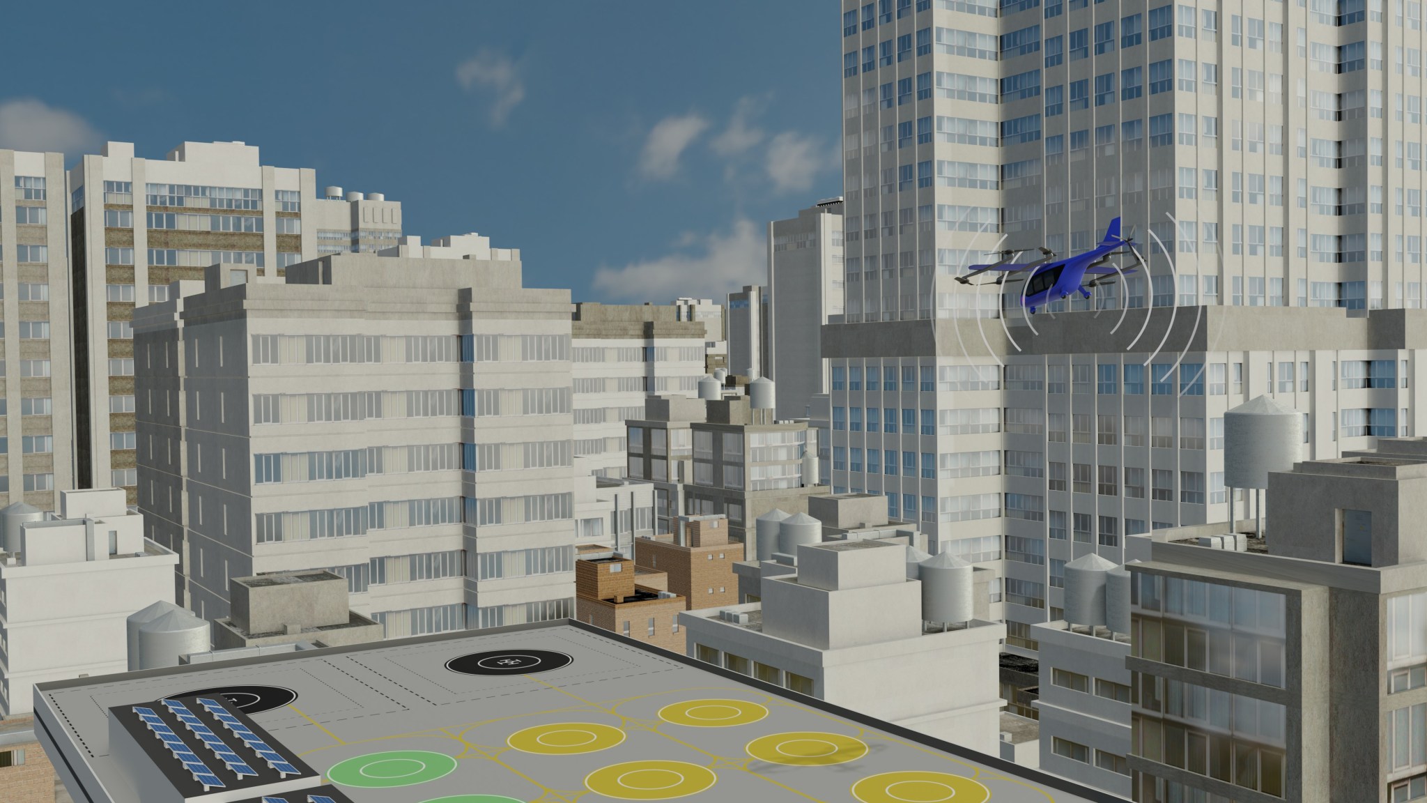 Advanced Air Mobility Aircraft hovering over an urban center