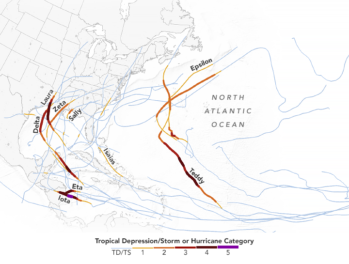 Map shows the tracks of all 30 Atlantic storms in 2020, highlighting a few of the named storms. 