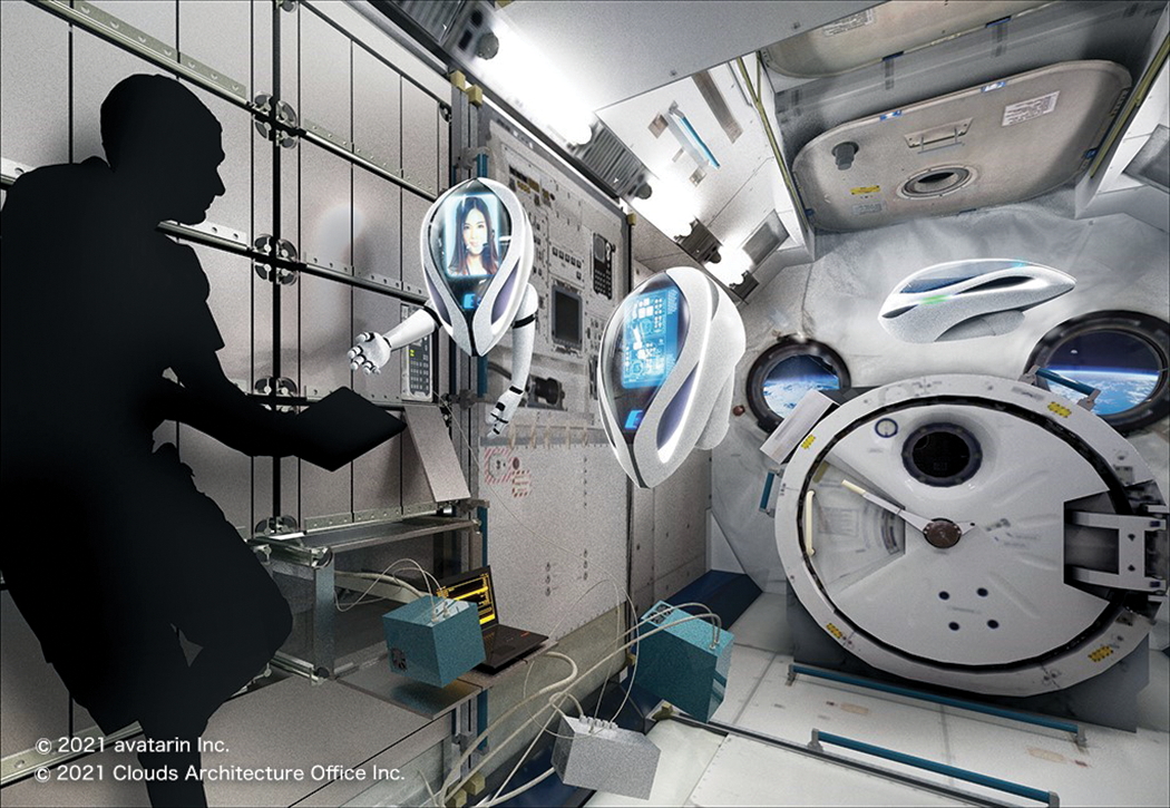 illustration of futuristic robots inside the space station