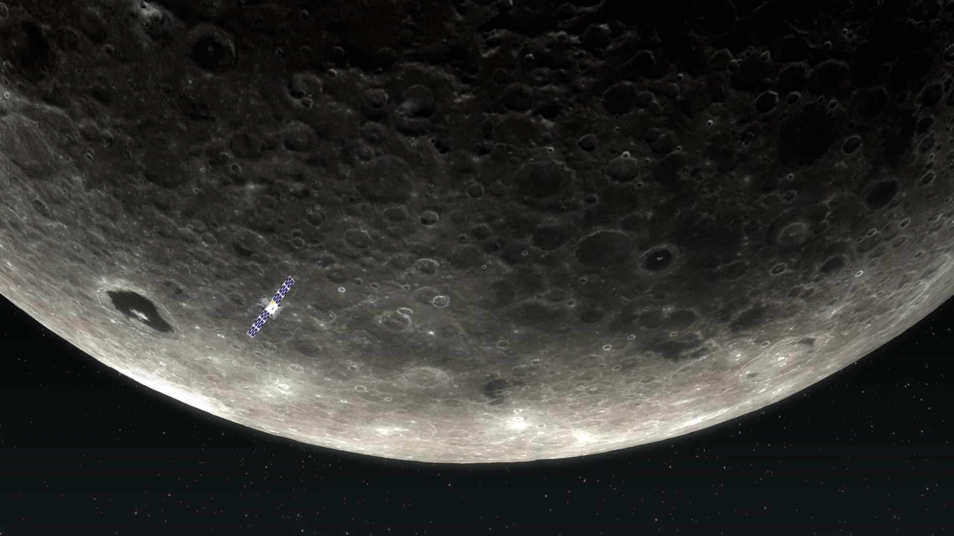 A small spacecraft with solar panels extending to either side with Earth's Moon filling most of the background 