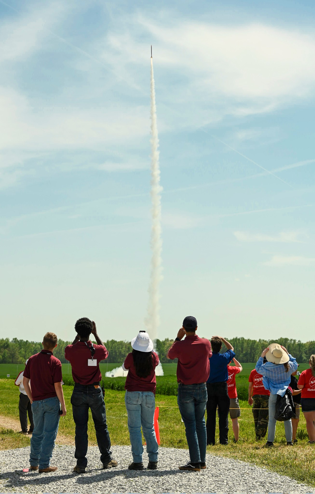 A rocket takes to the sky during the 2022 NASA Student Launch competition April 23 near NASA’s Marshall Space Flight Center in Huntsville, Alabama. 