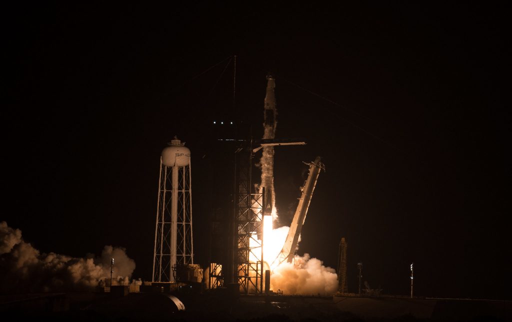 A SpaceX Falcon 9 rocket carrying the company’s Crew Dragon spacecraft is launched on NASA’s SpaceX Crew-4 mission.
