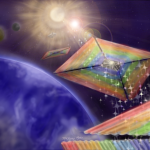 Artist rendition of solar sales in space above the Earth with the sun in the distance.