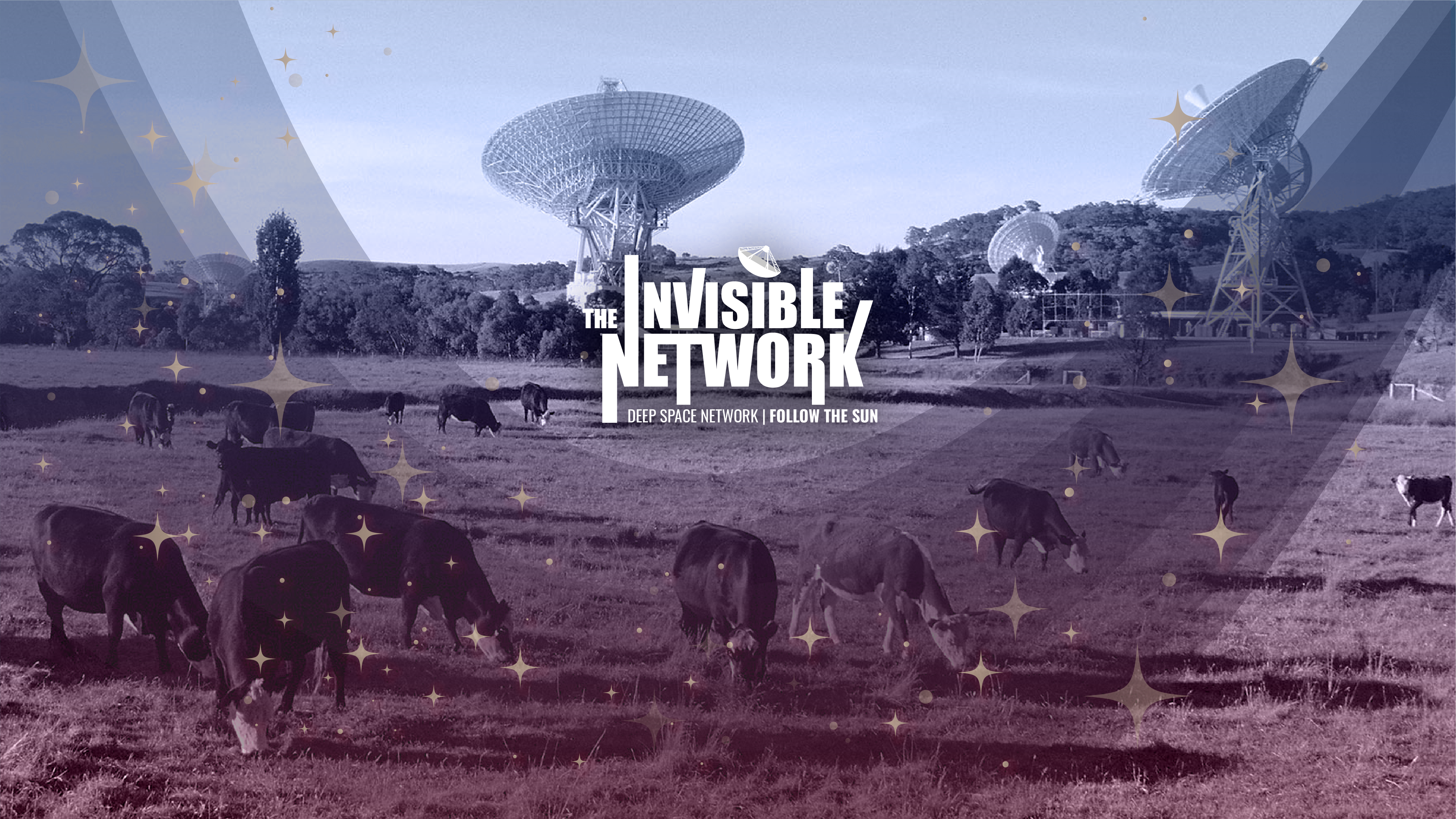 Photo of a 34-meter beam waveguide antenna at the Deep Space Network's Goldstone Deep Space Communications Complex in California overlaid with elements from The Invisible Network podcast promotional graphics.