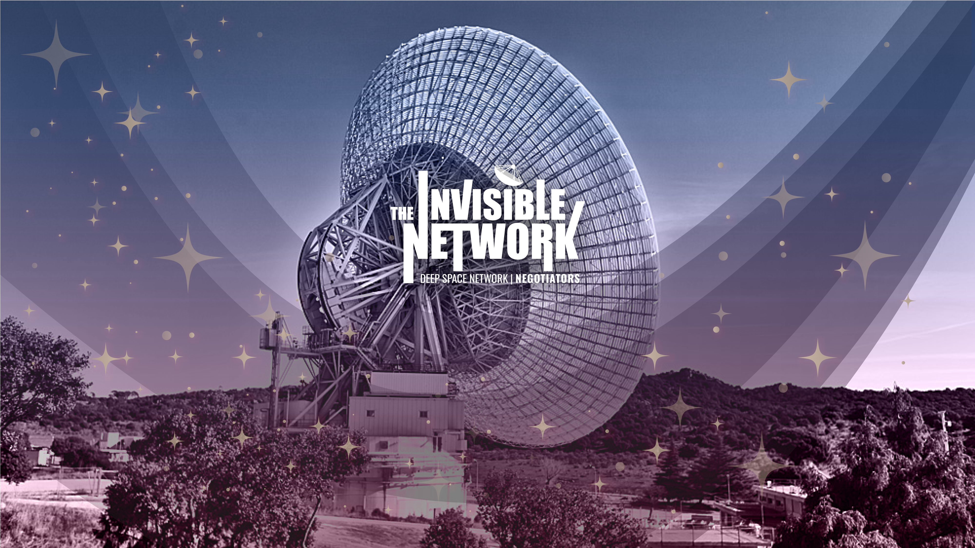 Photo of the 70-meter antenna at the Deep Space Network's Madrid Deep Space Communications Complex in Spain overlaid with elements from The Invisible Network podcast promotional graphics.