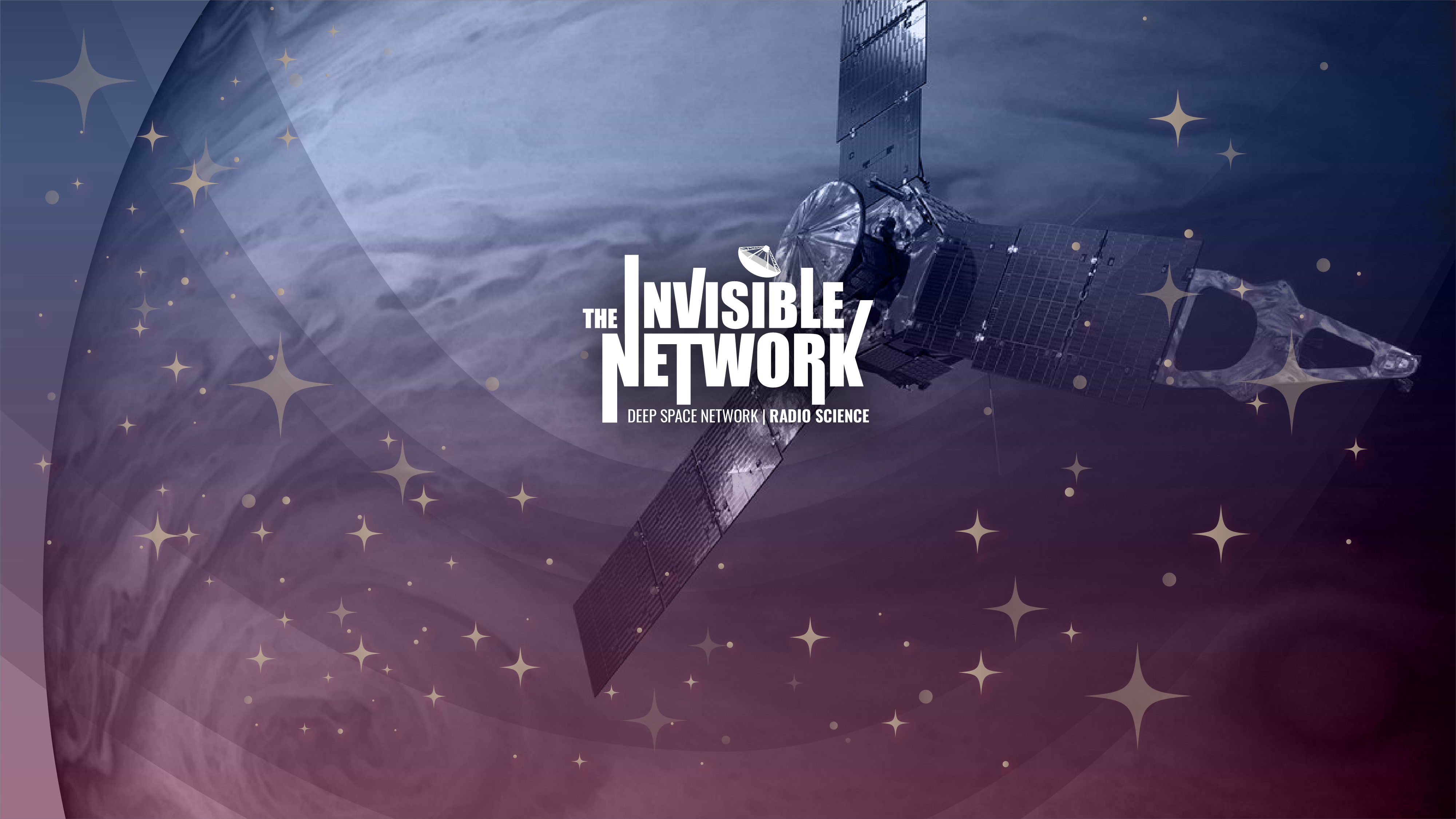 Artist's concept of the Juno spacecraft orbiting Jupiter overlaid with elements from The Invisible Network podcast promotional graphics.