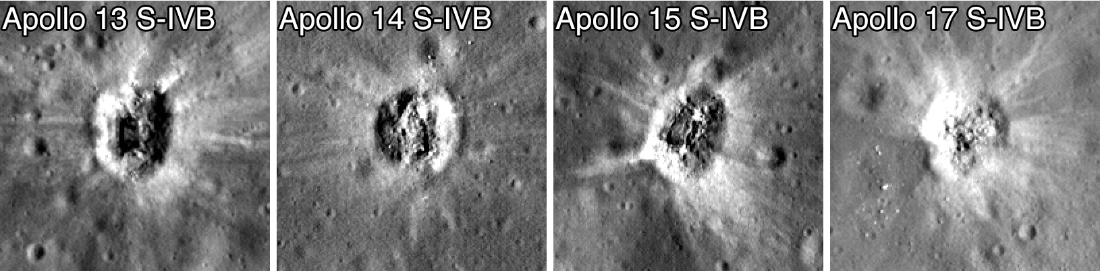 Grayscale views of four lunar impact craters, created by spent Apollo mission rocket stages.