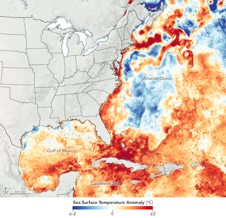 Mapshows sea surface temperature anomalies on July 14, indicating how much the water was above or below the long-term average (2003-2014) temperature on that same day. 