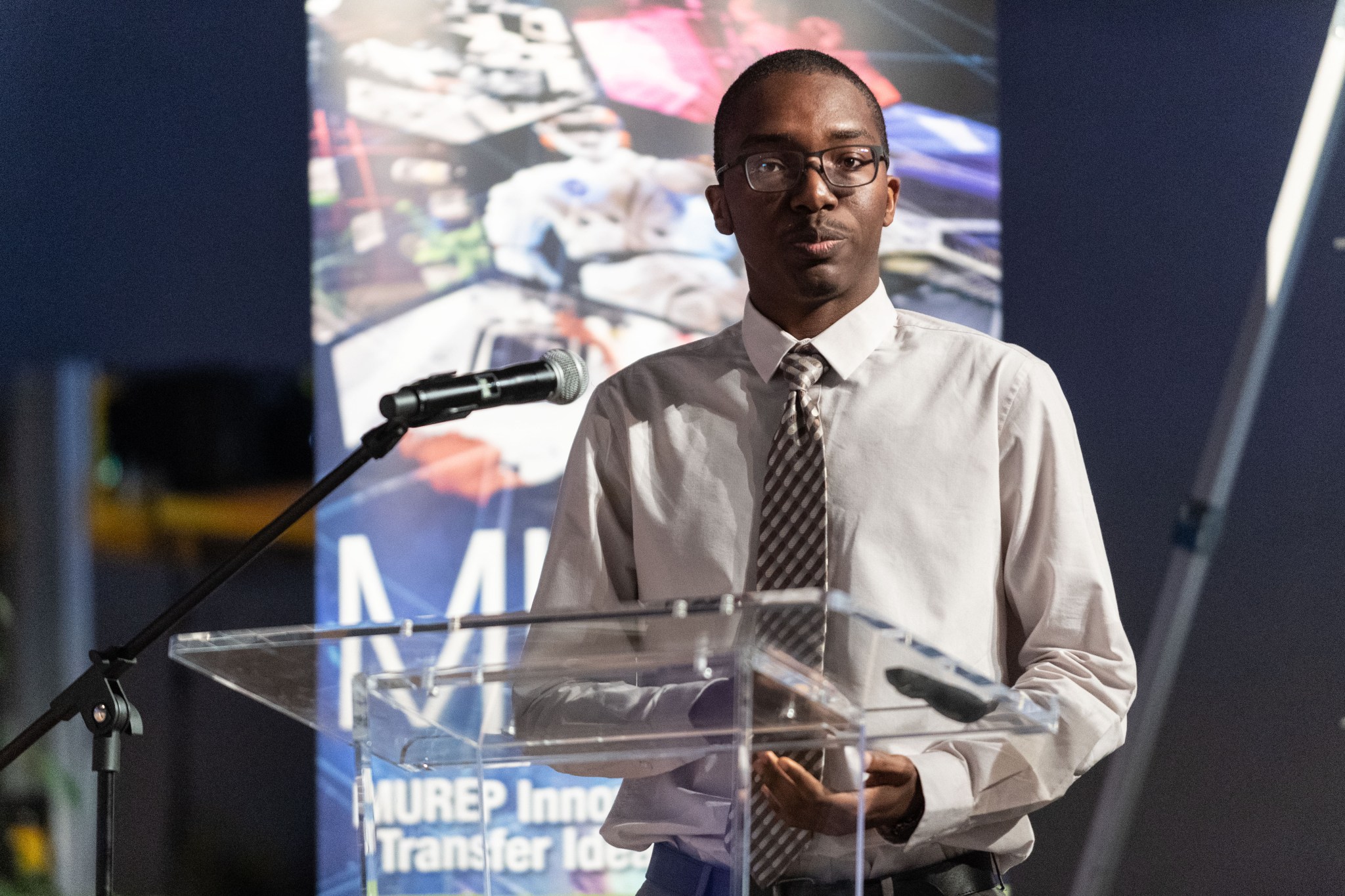 Patrick Babb, a student from Fayetteville State University, participating in NASA MITTIC’s “Space Tank,” showcasing their spinoff technology concept.