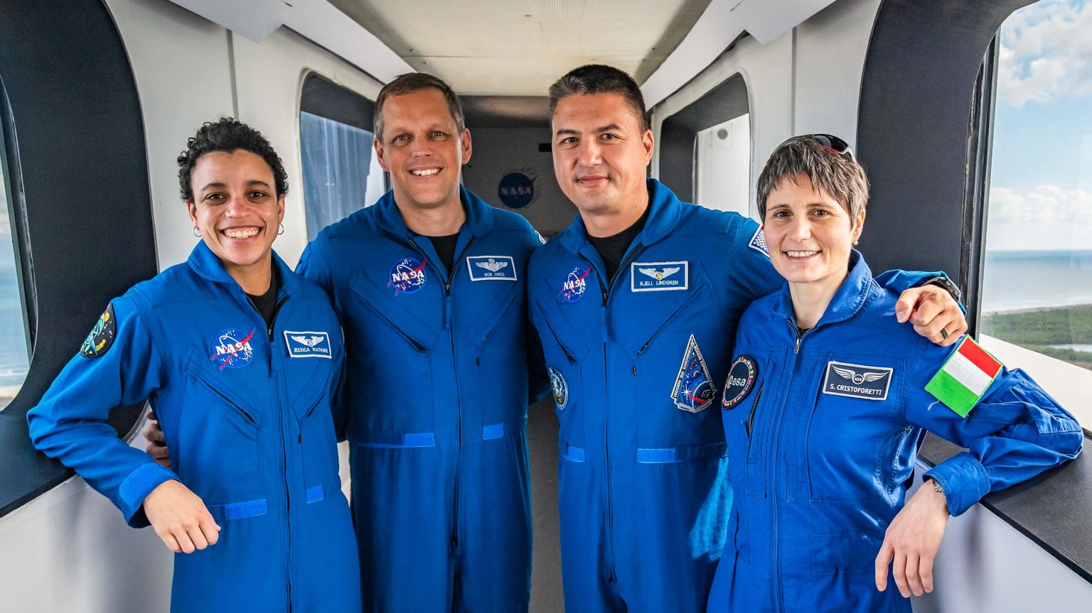 NASA’s SpaceX Crew-4 astronauts participate in a training session at Kennedy Space Center in Florida. From left to right: NASA astronaut and SpaceX Crew-4 mission specialist Jessica Watkins; NASA astronaut and SpaceX Crew-4 pilot Robert “Bob” Hines; NASA astronaut and SpaceX Crew-4 commander Kjell Lindgren; and ESA (European Space Agency) astronaut and Crew-4 mission specialist Samantha Cristoforetti of Italy.