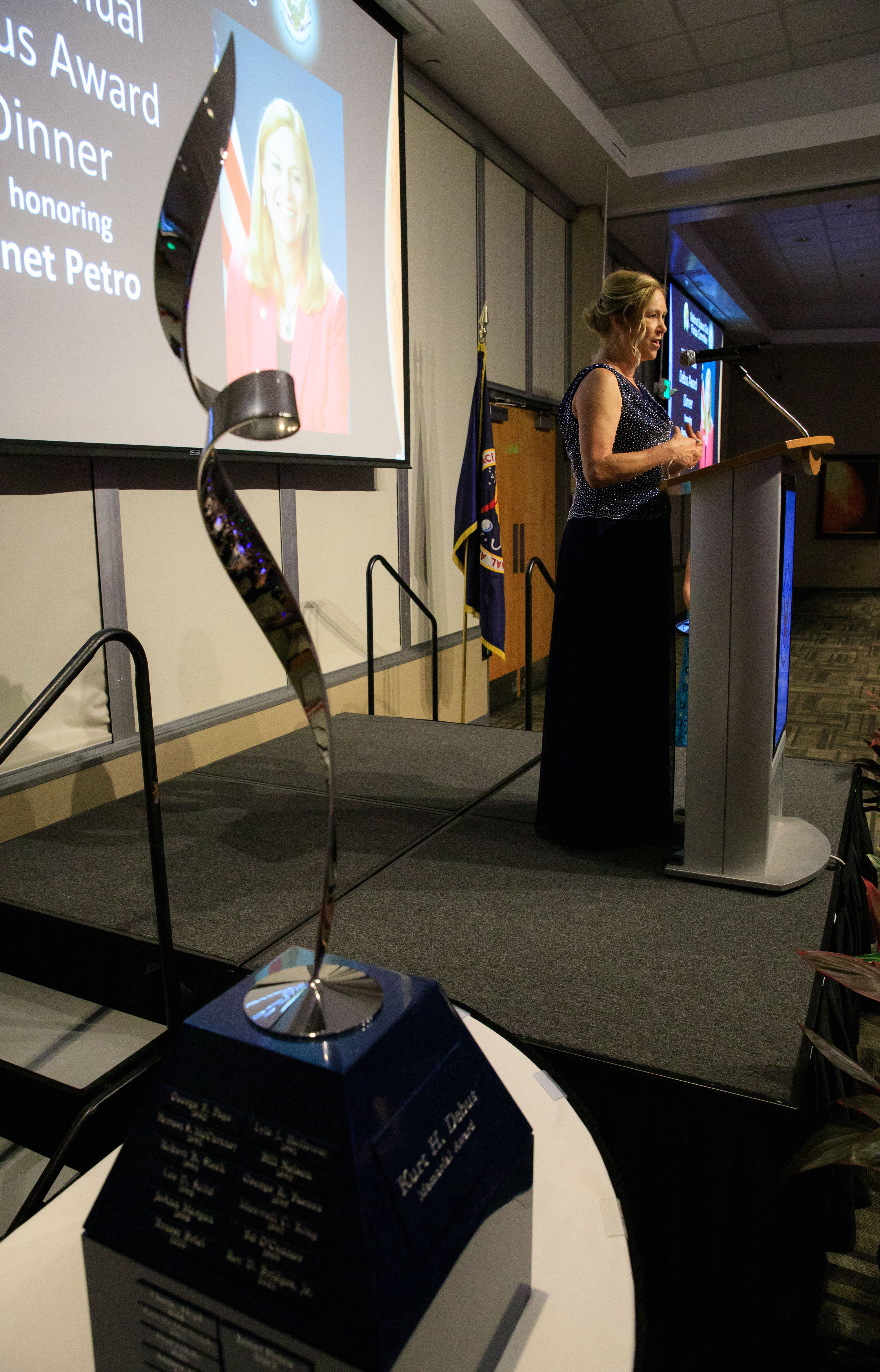 Kennedy Space Center Director Janet Petro addresses friends, family, and colleagues following her acceptance of the Dr. Kurt H. Debus Award during a ceremony held at the Florida spaceport's visitor complex on June 24, 2022.