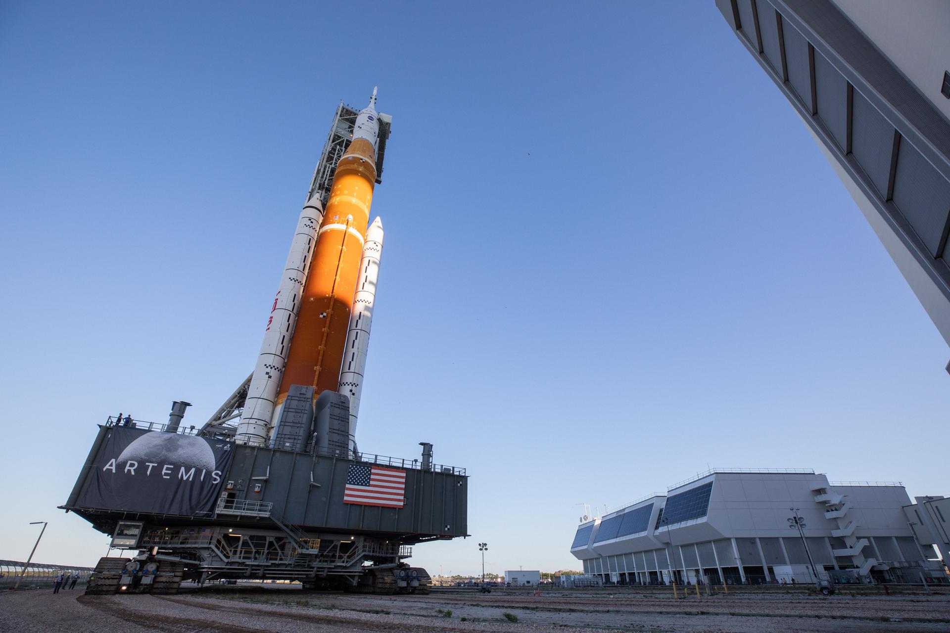 NASA’s moon rocket at the agency’s Kennedy Space Center in Florida, rolling out of the Vehicle Assembly Building for a 4.2-mile journey to Launch Complex 39B on March 17, 2022.