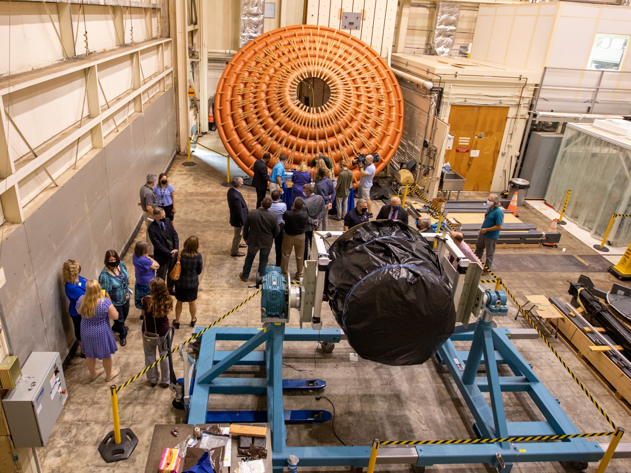 A full-scale model of the inflated aeroshell for NASA’s Low-Earth Orbit Flight Test of an Inflatable Decelerator (LOFTID) is displayed at NASA’s Langley Research Center in Hampton, Virginia.