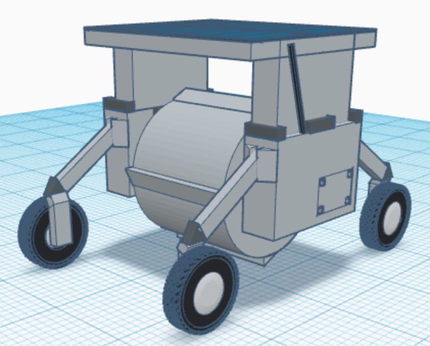 Pictured is a rendering of Shriya Sawant's robot, RAD: Regolith Accretion Device, which holds up to 152 pounds of soil and collects regolith using a spinning bucket drum, where clockwise rotations scoop up soil and counterclockwise releases material. 