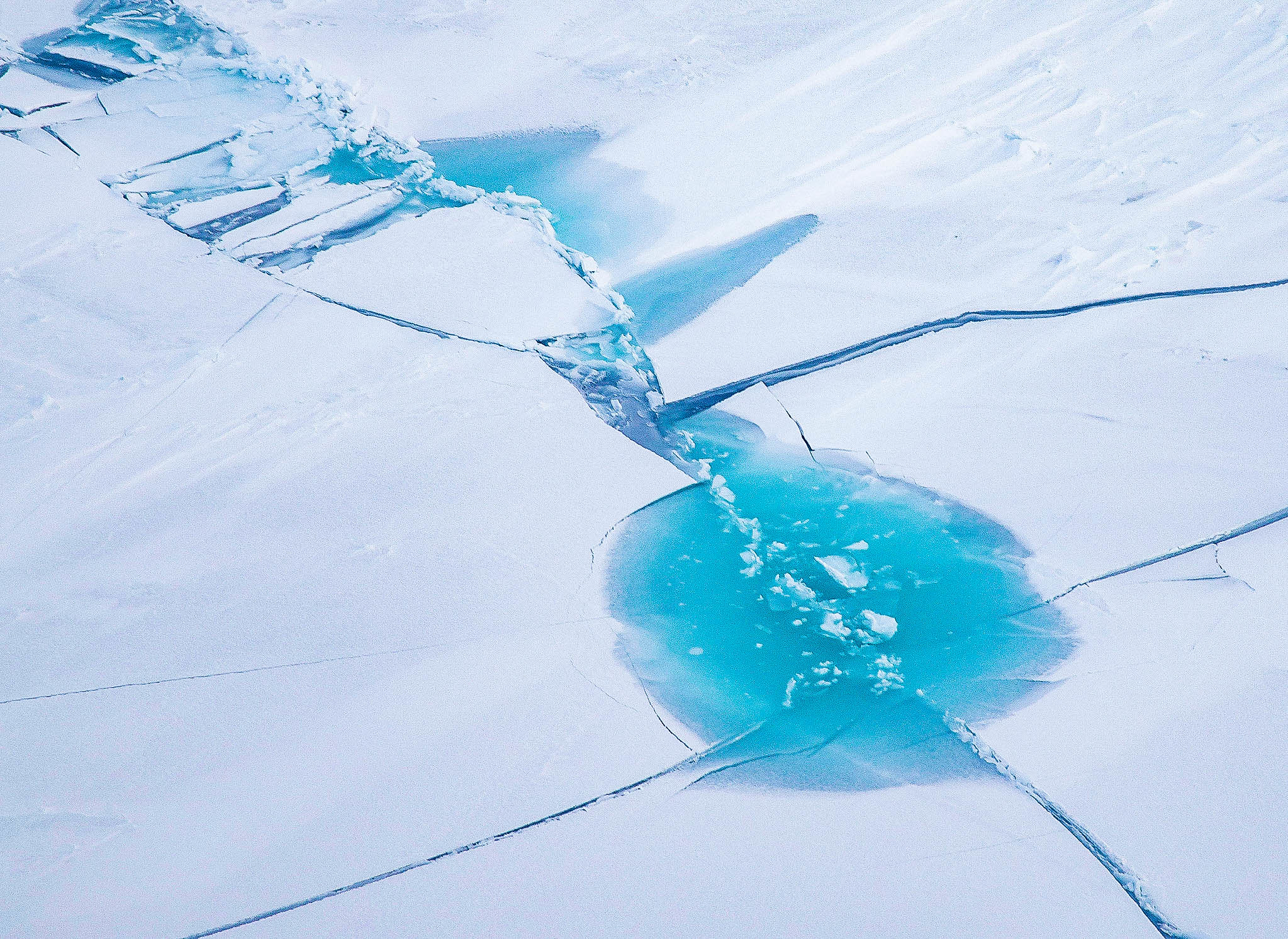 A photo of a teal melt pond on cracked sea ice. The ice looks like a sheet of broken white glass. Bright teal water puddles at the center of the break.
