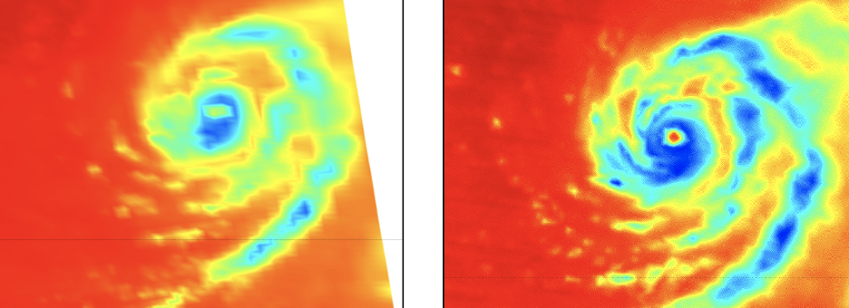 A side by side comparison of two false-color satellite images of Super Typhoon Mindulle. On the left is an image from the ATMS instrument on the NOAA-20 satellite and on the right is from the TROPICS Pathfinder satellite. 