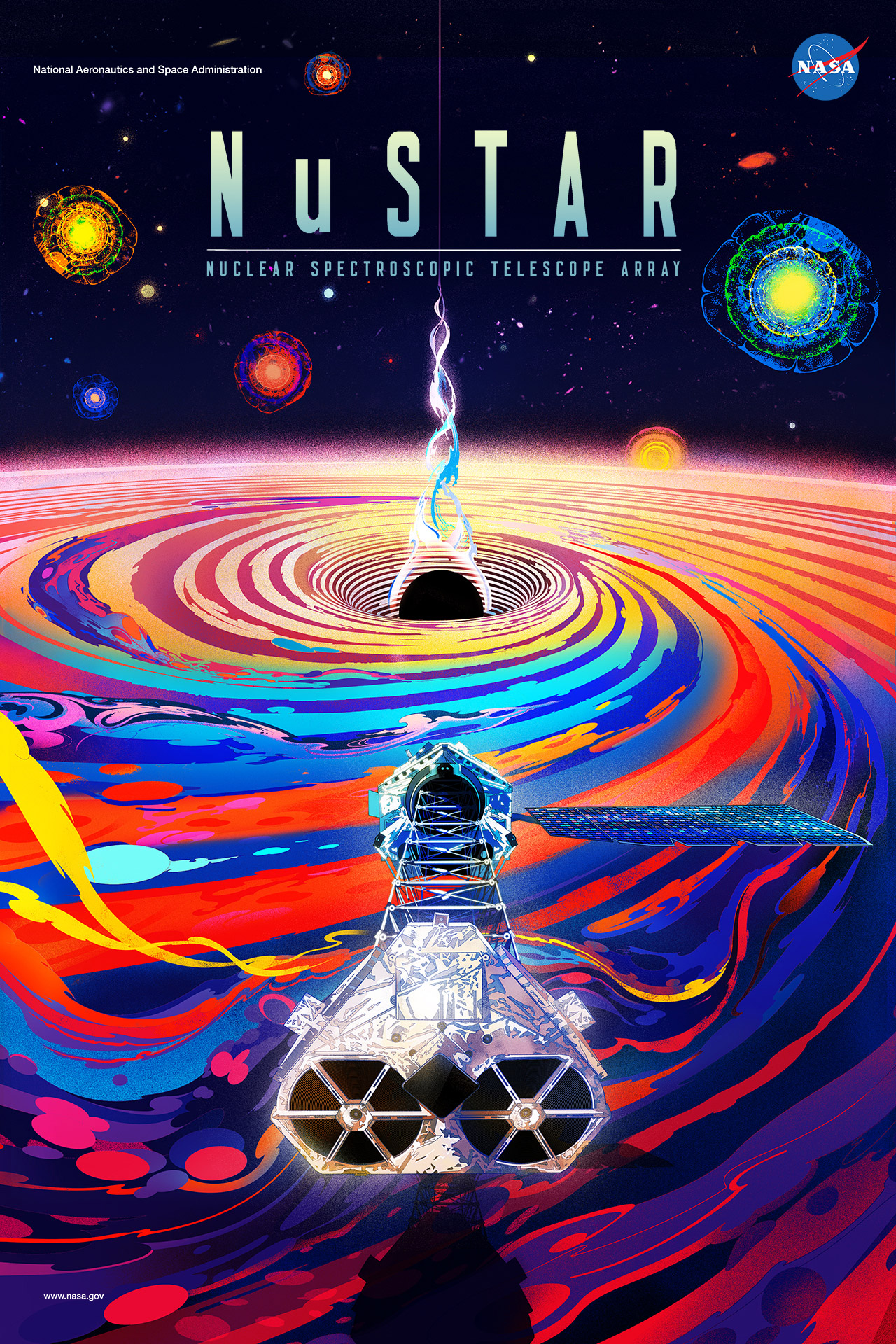 NuSTAR is the first space telescope able to focus high-energy X-rays. This colorful poster was made in celebration of the mission’s 10-year anniversary.