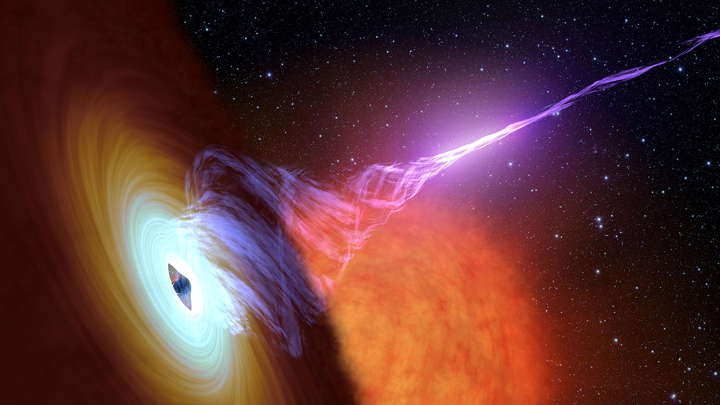 This illustration shows a black hole surrounded by an accretion disk made of hot ga
