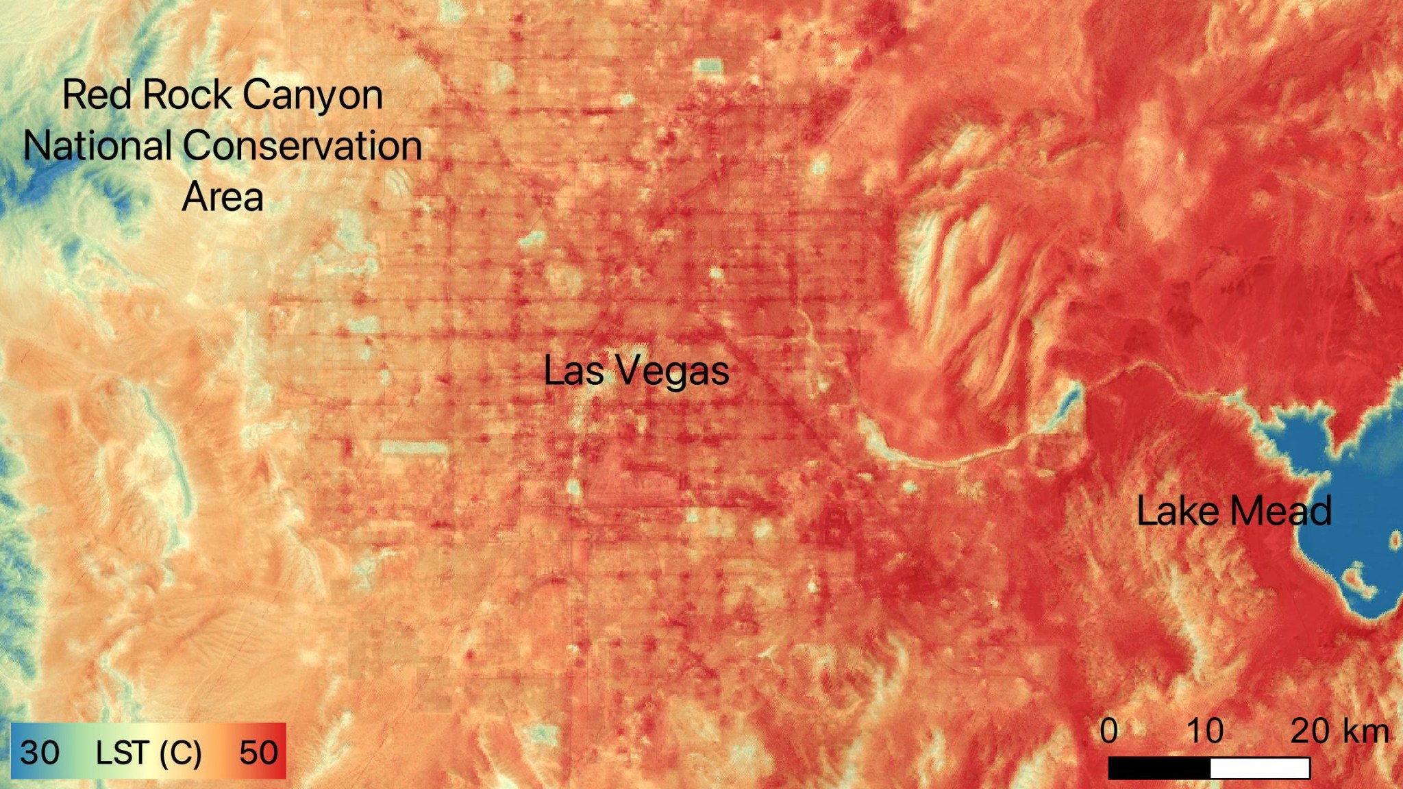 NASA’s ECOSTRESS instrument recorded ground temperatures around Las Vegas at 5:23 p.m. on June 10. In the city, the hottest surfaces were the dark-colored streets (red grid, center) at more than 122 degrees Fahrenheit (50 degrees Celsius).