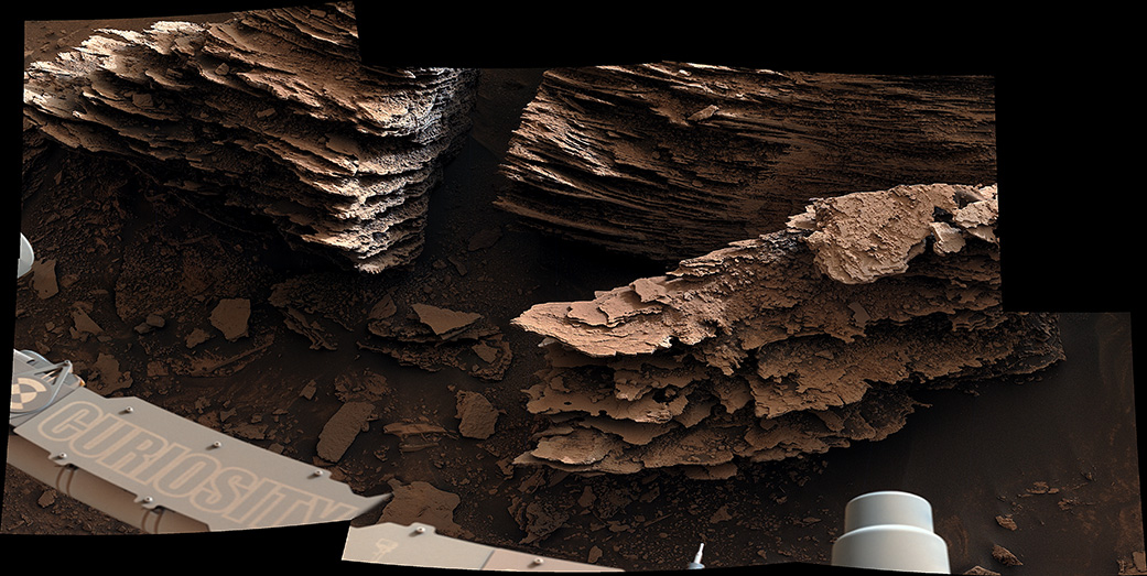 NASA’s Curiosity Mars rover captured this view of layered, flaky rocks