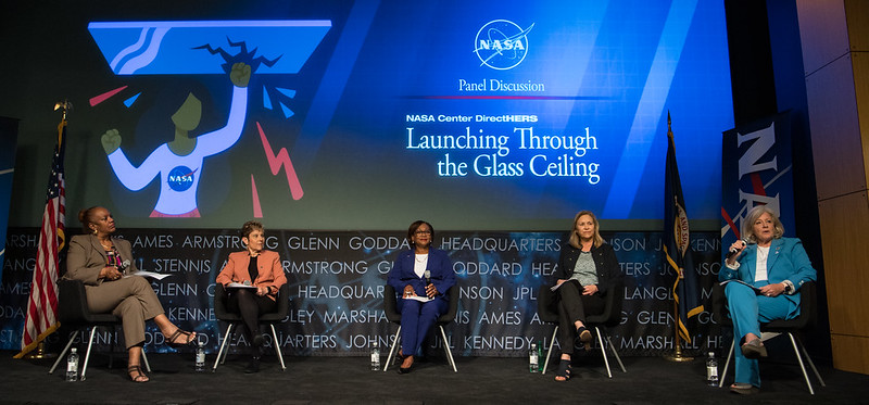 Jody Singer, right, speaks on a panel with the agency's three other female center directors during the DirectHERS event June 7 at NASA Headquarters. 