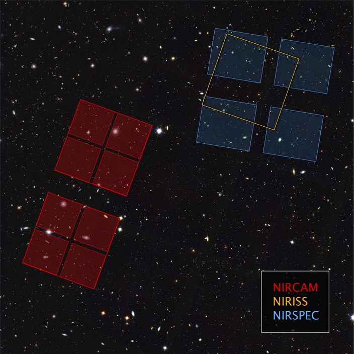 This image shows where the James Webb Space Telescope will observe the sky within the Hubble Ultra Deep Field, which consists of two fields.
