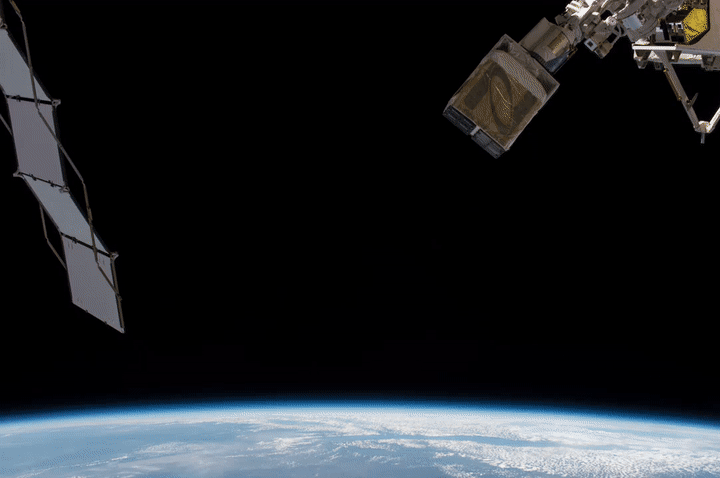 moving image of cubesats deploying from the space station