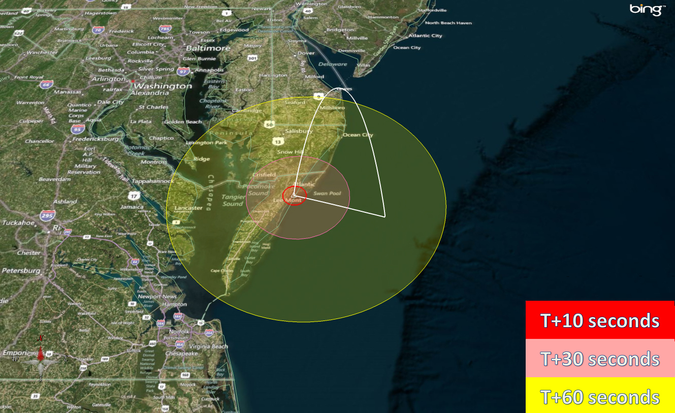 This visibility map shows from where the rocket may be seen beginning after ignition.  The rocket motors will burn out 40 seconds after launch.