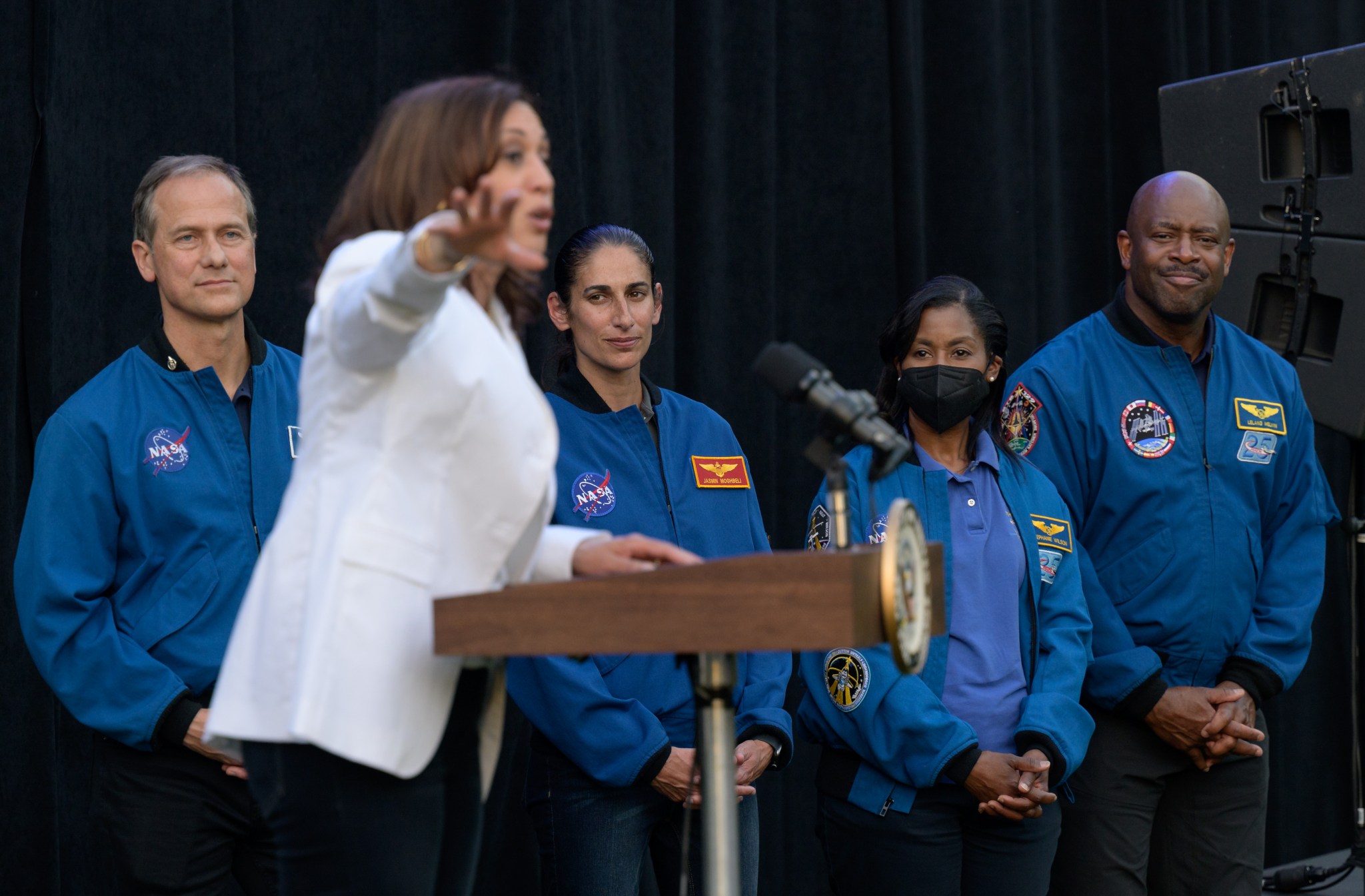 Vice President Kamala Harris gives remarks as NASA astronauts Tom Marshburn, Jasmin Moghbeli, Stephanie Wilson, and Former NASA astronaut Leland Melvin, right, look at the Vice President's residence at the Naval Observatory, Friday, June 17, 2022,