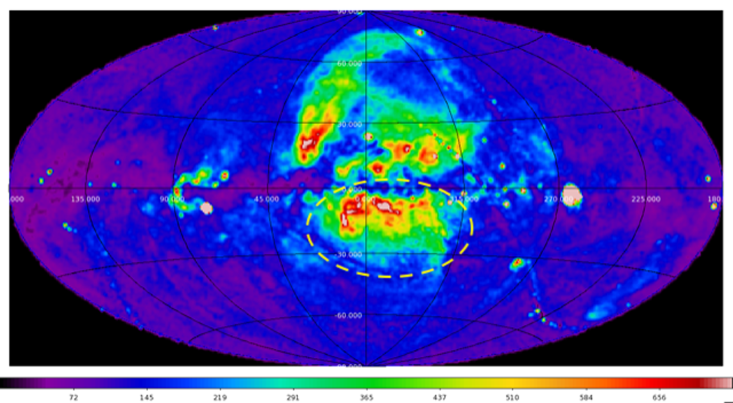 This image shows a “map” of the night sky in soft X-ray light in galactic coordinates, with the Sun positioned at the center. 