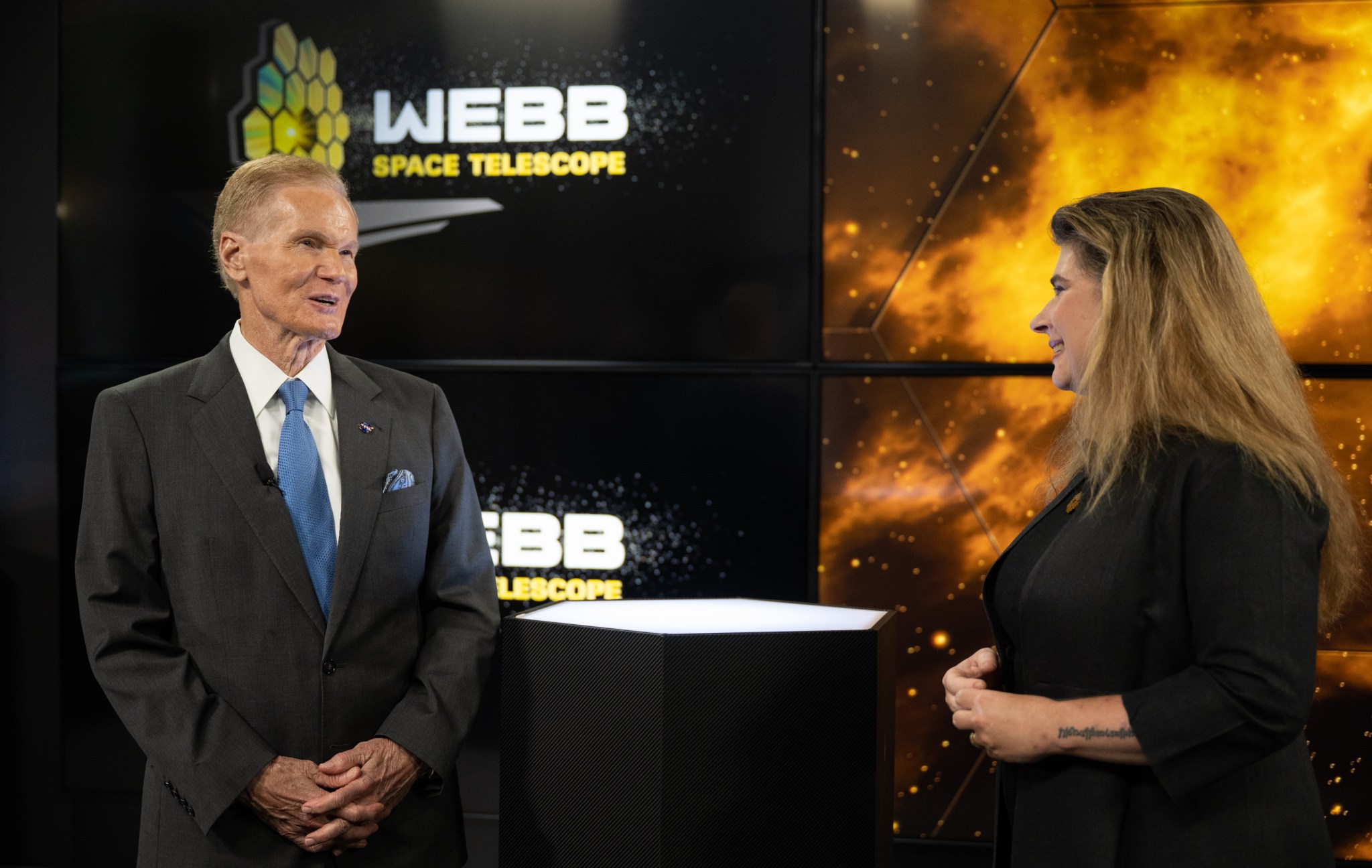 NASA Administrator Bill Nelson, left, speaks with Assistant Director of Science at NASA's Goddard Space Flight Center Michelle Thaller, right, during a broadcast releasing the first full-color images from NASA's James Webb Space Telescope.