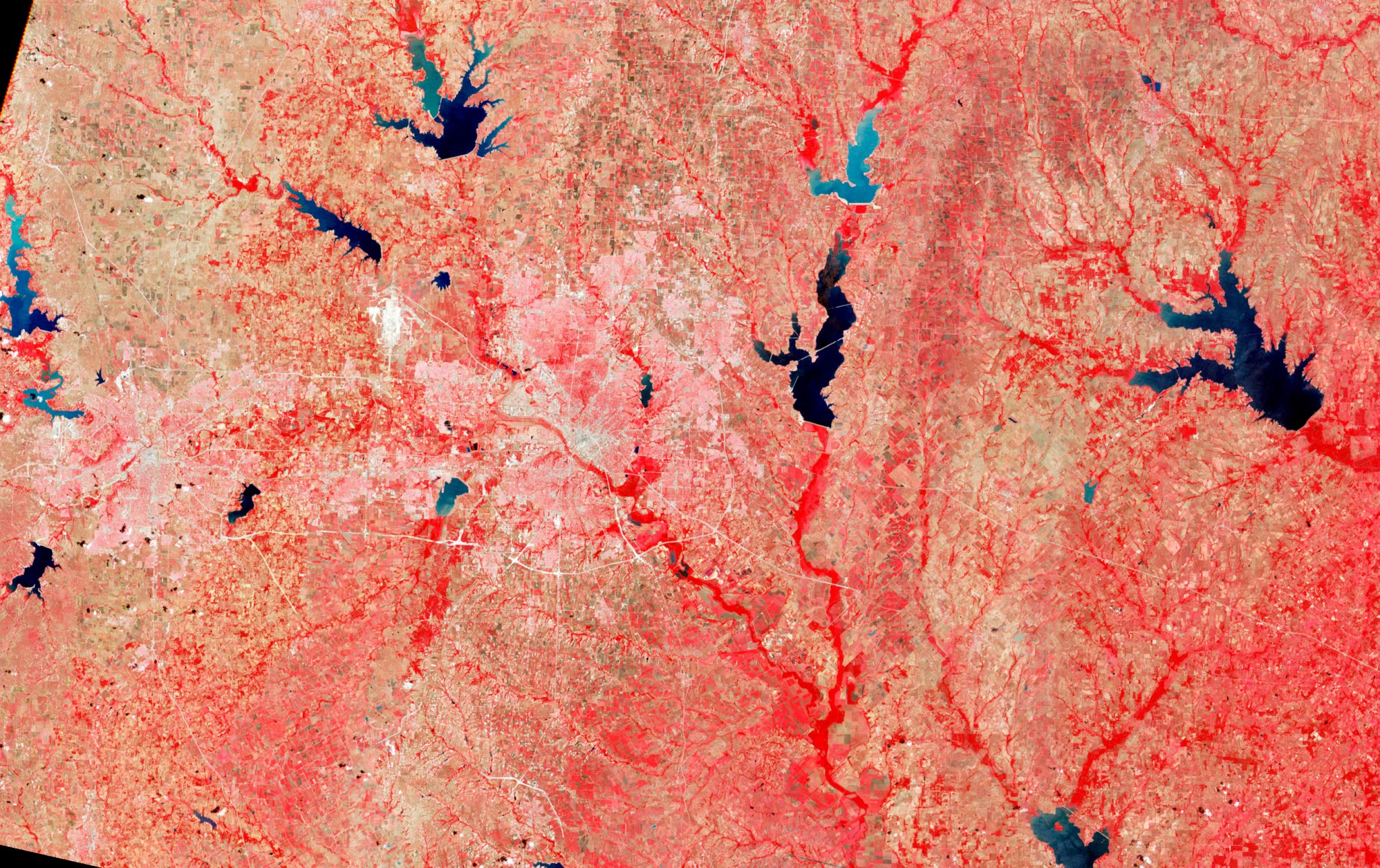 Aerial looking straight down over the Dallas area. Area looks red with some lakes throughout the image.