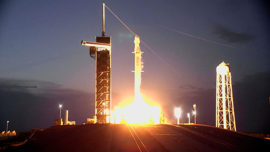 SpaceX’s Falcon 9 rocket, with the cargo Dragon atop, lifts off from Kennedy Space Center’s Launch Complex 39A in Florida on July 14, 2022, beginning the company’s 25th resupply services mission to the International Space Station.