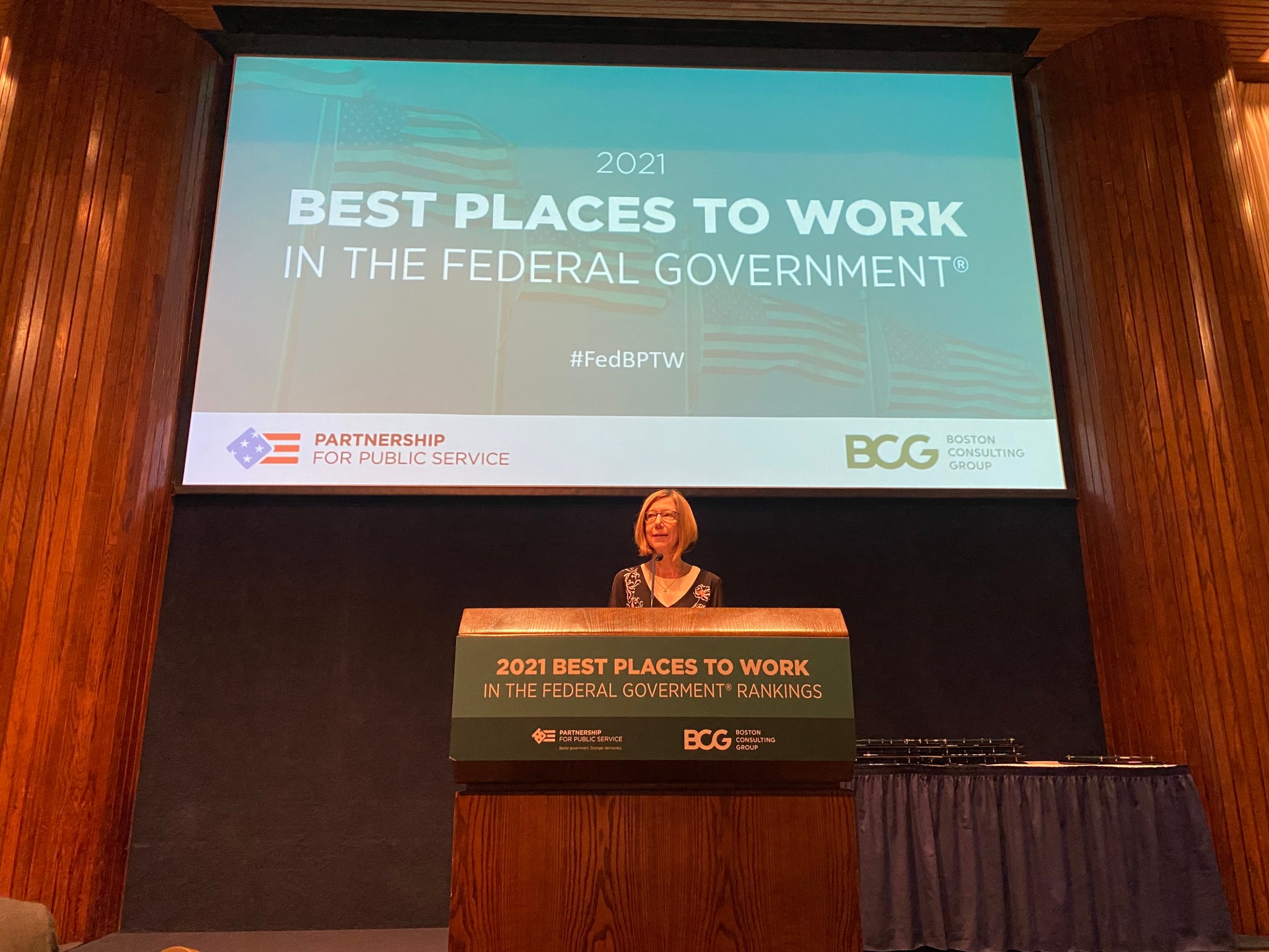 NASA Associate Administrator for the Space Operations Mission Directorate, Kathy Lueders, accepts the Partnership for Public Service’s award that ranked NASA the Best Place to Work in the Federal Government on July 13, 2022.