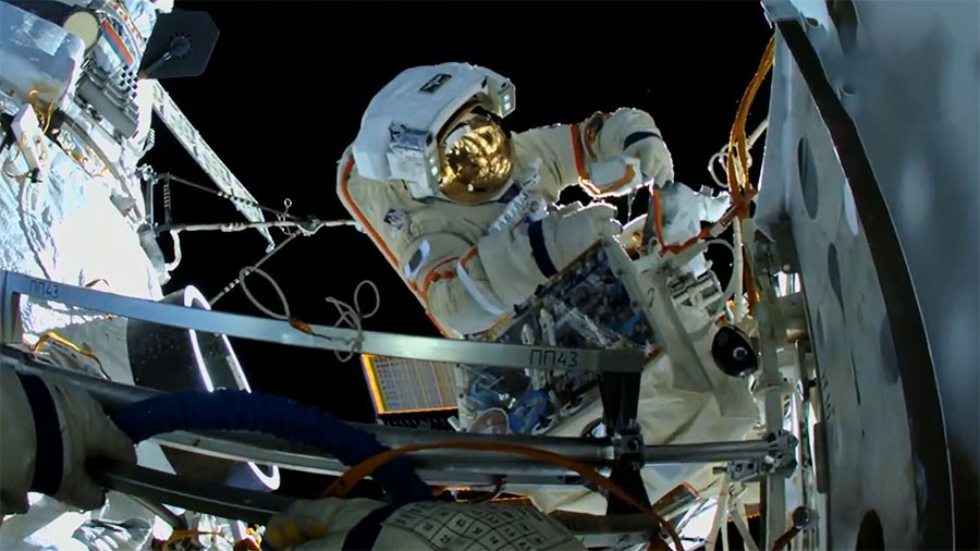 ESA (European Space Agency) astronaut Samantha Cristoforetti works outside the space station's Russian segment to configure the new European robotic arm. Credit:NASA TV
